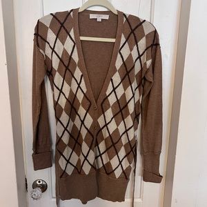Loft women’s cardigan, XS, argyle with tie, wool blend